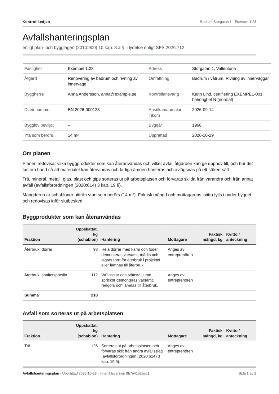 Avfallshanteringsplan, första sidan: återbruk av dörrar och sanitetsporslin och avfall som sorteras ut.