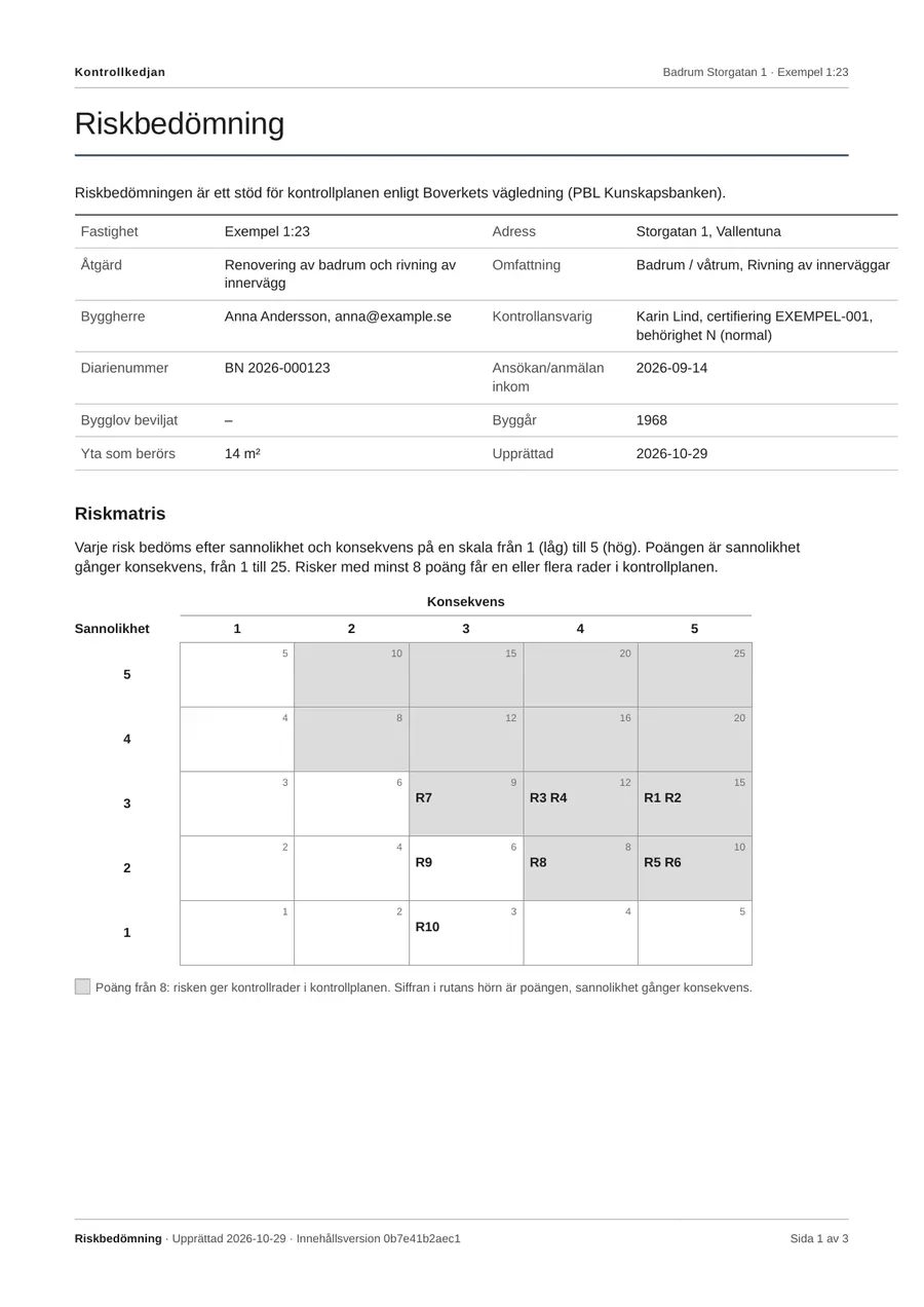 Riskbedömning, första sidan: projektuppgifter och riskmatris med tio risker.